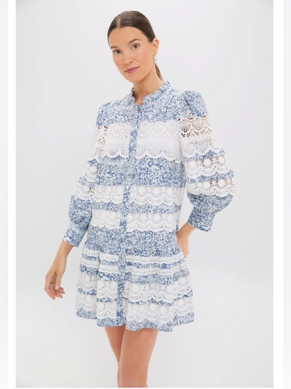 🆕 Hyacinth House for Tuckernuck Lace Trimmed Emmie Mini Dress Blue White XXL